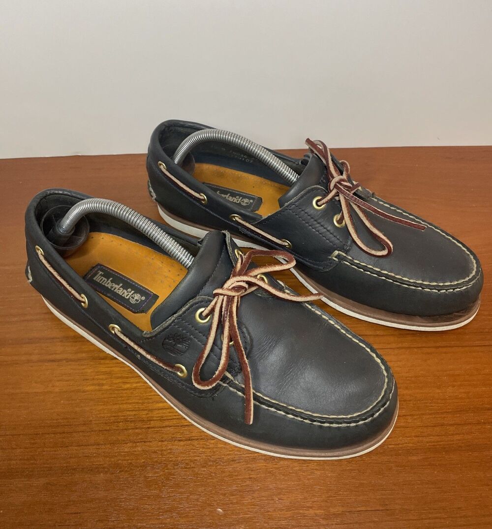 Timberland Mens 2 Eye Boat Shoes Classic Handsewn Leather Navy Blue 10